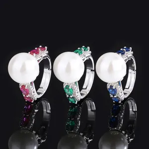 优雅镀铑玫瑰红色蓝色绿色立方氧化锆戒指精致14毫米白色珍珠可调戒指女性批发饰品