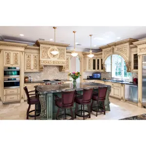 American Antique White Customized Luxury Kitchen Cabinet Modern Wood With Island Design