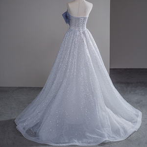 Vestido de cóctel gris bruma con fruncido, línea A, lazo, hombros descubiertos, brillante, con cuentas, sin tirantes, para fiesta de noche o graduación Sfy54 - Product Image 3