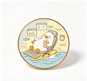 Pin Metálico Circular Bañado en Oro con Diseño de Pato Trabajando en Teclado en Agua, Esmalte Duro, Temática Animal, Artículo Coleccionable - Product Image 1