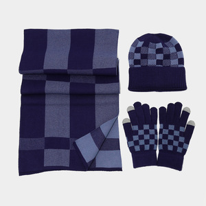 Ensemble 3 pièces en tricot 100 % acrylique à motif échiquier (<span class=keywords><strong>bonnet</strong></span>, écharpe, <span class=keywords><strong>gants</strong></span>) – Version coréenne – Tenue d'hiver chaude pour <span class=keywords><strong>homme</strong></span>/femme, idéale pour l'extérieur - Product Image 3