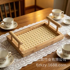 Bandeja de bambú con asa para almacenar bocadillos de té, herramientas prácticas para hornear y repostería - Product Image 4