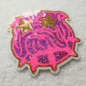 Wholesale Custom Embroidery Sequin Glitter Mascot Patches Cursive Writing Iron On Sequin Patches For Clothing