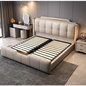Cama Queen Size Conversível Moderna e Simples de Luxo, Estofada em Couro Macio, com Estrutura de Madeira de Pinheiro e Armazenamento Extensível, Tamanho Personalizável - Product Image 3