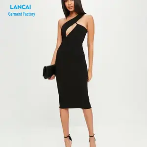 Quần Áo Các Nhà Sản Xuất Tùy Chỉnh Thiết Kế Womens Sang Trọng Sexy Bodycon Một Vai Dresses Midi Thanh Lịch Bữa Ăn Tối Ăn Mặc Phụ Nữ