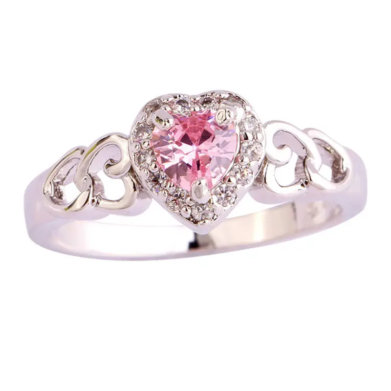Color diamante promesa corazón hueco en forma de anillos de compromiso corazón Rosa Zirconia anillos de dedo para los amantes de la joyería nupcial