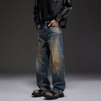 Celana Denim Grafiti Semprot Tinta Musim Gugur-Dingin Terbaru dengan Bahan Stretch, Model Longgar Lurus, Berat, Gaya Amerika, Celana Trendy Bermerek