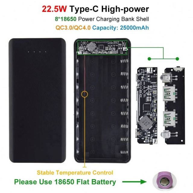 QC4.0 QC3.0 Dual USB Micro/Type-C USB 8*18650 Power Bank Battery Box 5V 4.5A 22.5W 25000mAh Mobile Phone Charger DIY Shell Case