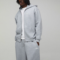 Ensemble 2 pièces en molleton gris chiné pour homme, coupe ample et jambe large, avec impression personnalisée en relief, fermeture éclair intégrale, 100% coton épais, hiver