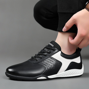 Chaussures de marche pour hommes, bout rond, cuir de vache véritable, doublure en maille respirante, semelle extérieure en caoutchouc, talon plat, couleur unie, baskets décontractées - Product Image 3