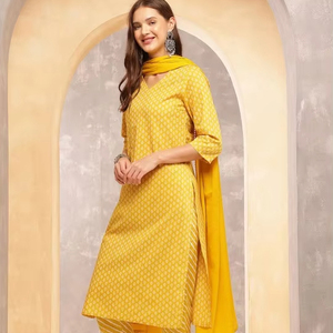 Kurta de algodón puro regular estampado con motivos étnicos para mujer con pantalones y Dupatta - Product Image 1