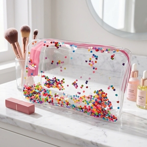 Borsa Cosmetica Glitterata <span class=keywords><strong>Trasparente</strong></span> in PVC, Pochette Impermeabile con Coriandoli e Sabbie Mobili, Astuccio da Viaggio Scintillante per Trucchi da Donna - Product Image 3