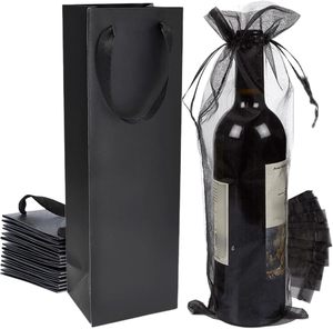Bolsa de Regalo Reutilizable para Vino Negra con Bolsas de Organza para Botellas, Bolsas de Papel Kraft para Whisky/Licores - Product Image 1
