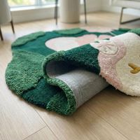 Hand Tufted Moss Yellow Koi Wool Rug with Pink Floral Pond Artwork and Irregular Design for Living Room Bedroom Nursery Kids