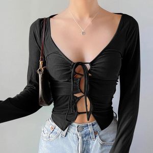 Elegante Top de Manga Larga con Cuello en V para Mujer, con Detalle de Lazo en la Parte Delantera, Tejido Suave de Spandex y Poliéster, para Salidas a Clubes, para Usar en Todas las Estaciones - Product Image 3