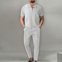 I-0497 Ensemble d'été décontracté deux pièces pour homme, style streetwear, couleur unie, col montant, manches courtes, pantalon zippé