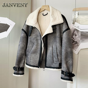 Janveny 2025 Mới Mùa Thu Mùa Đông Len Pha Trộn Giả Lông Thú Áo Khoác Phụ Nữ Ve Áo Dưới Beltloops Cổ Điển Lỏng Hai Mặt Lông Cừu Áo Khoác - Product Image 1