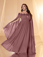 Robe de soirée pour femme, couleur unie, épaules dénudées, manches flottantes, design floral tridimensionnel, ourlet plissé, coupe trapèze