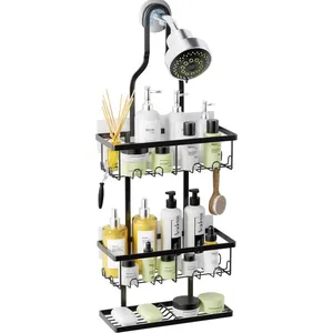 Wall Mounted Metal Bathroom Organizer Shower Shelf with Hooks and Adhesives Storage Caddy Rack for Shower Holders & Racks