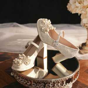7555A-226 <b>Embroidered</b> Wedding <b>Shoes</b> Pearl Bead Thick Heel Square Toe Elegant Heeled Sandals Light Weight Bridal Wear - Product Image 3