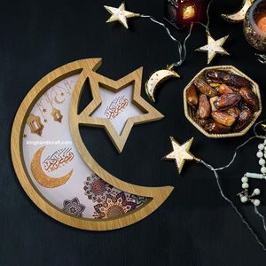 Plateau de service en bois bohème Ramadan Eid Mubarak avec incrustation de nacre |   Plateau de présentation flexible de conception artisanale haut de gamme pour boissons et aliments - Product Image 4