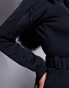 Ensemble de combinaison de <span class=keywords><strong>ski</strong></span> d'hiver pour femme, coupe ajustée, design ceinturé, style jambe évasée, capuche garnie de fausse fourrure, blanc - Product Image 5