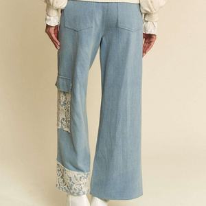 Jean baggy femme personnalisé, couleur lavée, bleu clair, coupe droite, jambe large, avec dentelle, élégant, en denim, pour l'été - Product Image 3