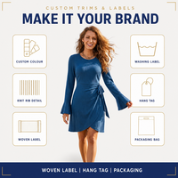 Robe mini en maille côtelée personnalisée pour femme, col rond, manches cloche, ourlet tulipe, taille à nouer, fabricant OEM ODM