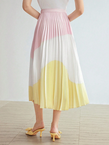 <span class=keywords><strong>Gonna</strong></span> Midi Plissettata Bicolore Rosa Bianco Giallo in Raso a Vita Alta Elegante Casual da Donna per Vacanze - Product Image 3