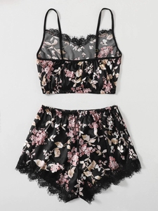 Summer Pyjamas Floral <strong>Lace</strong> Trim <strong>Cami</strong> <strong>Top</strong> and Shorts Hot Silk Satin Pajamas Loungewear Women Sets - Product Image 2