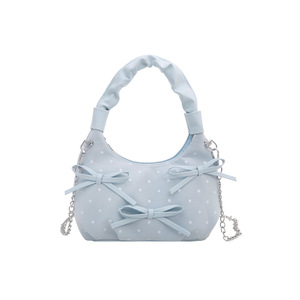 Women Polka Dot Star Print Shoulder Bag 3D Bow Decor Ruched Handle Metal <b>Chain</b> Crossbody <b>Handbag</b> - Product Image 5