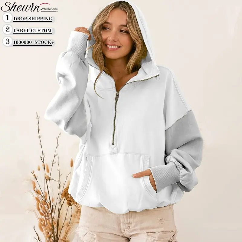 Wholesale Kangaroo Pocket Sweatshirt Casual Long Sleeve Pull Over Women Half Zip Up Hoodie