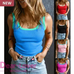 Dear-Lover Wholesale Summer Fashion New High Quality U Neck Colorblock Edge Women Crop Knitted Ribbed Tank Top