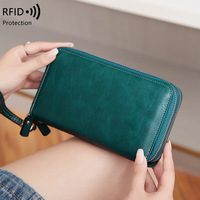 Tas tangan kulit pu wanita, dompet panjang ritsleting ganda, pemegang paspor RFID, lipat tiga