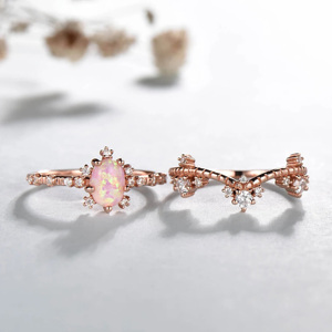 Bộ Nhẫn Nữ Gắn Đá Opal Lửa Màu Hồng Hình Bầu Dục Bằng Bạc Thật 925 Bộ Nhẫn Trang Sức Hứa Hẹn Xếp Chồng Lên Nhau - Product Image 2