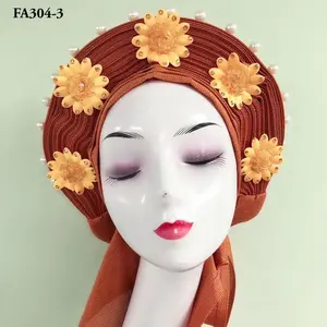 Nigeriaanse sego headtie nieuwe stijlen afrikaanse oranje sjaal 3d bloemen borduurwerk kralen headtie