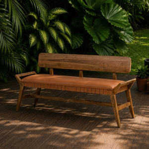 Banc d'extérieur de luxe en teck massif avec coussin en cuir résistant à l'eau, écologique, moderne, 2 places, pour jardin, patio, parc, hôtel - Product Image 1