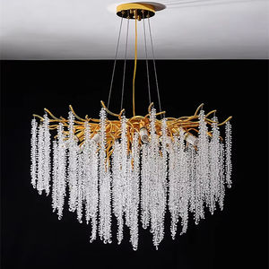 โคมไฟระย้าแบบกึ่งติดเพดานทรงก้านอะลูมิเนียม ประดับพู่แก้วหรูหรา รูปทรงหยดน้ำ ใช้หลอดไฟ G9 เหมาะสำหรับวิลล่า โรงแรม ร้านค้า - Product Image 5