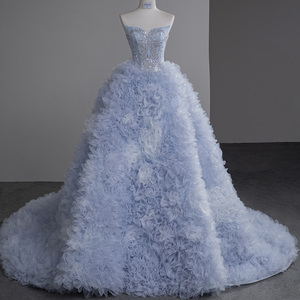Robe de soirée longue en tulle plissée avec appliques de fleurs 3D et sequins pour femme, style princesse, coupe trapèze, Sfy35 - Product Image 2