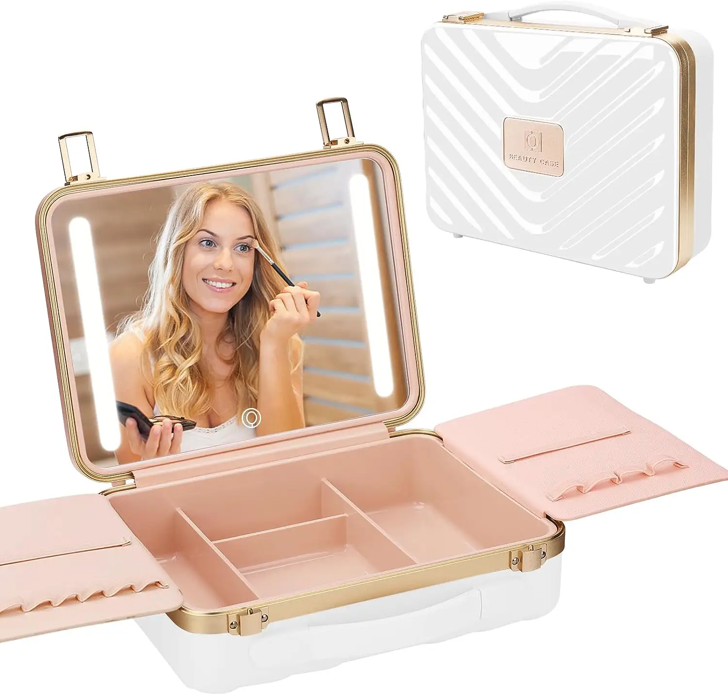 Trousse de toilette portable personnalisée de voyage boîte de rangement cosmétique en PU pliable et intelligente avec écran tactile et maquillage avec miroir à lumière LED