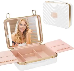 Personalizar Portátil Viagem Inteligente Dobrável Touch Screen Pu Cosmetic Vanity Case Armazenamento Maquiagem Organizer Box Com Led Light Mirror