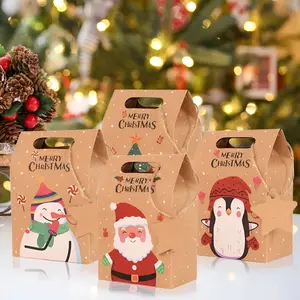 थोक सस्ते ब्राउन पेपर बॉक्स क्रिसमस ट्रीट बैग हैंडल के साथ रीसायकल आर्ट स्नैक कुकीज़ कैंडी गिफ्ट पेपर बैग