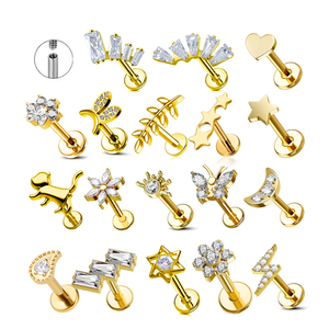 <span class=keywords><strong>Piercing</strong></span> Labret <span class=keywords><strong>in</strong></span> <span class=keywords><strong>Titanio</strong></span> G23 ASTM-F136 da 16G con Filettatura Interna e Zircone Cubico, Gioiello per Cartilagine, Orecchio, Labbro, Placcato Oro 18K - Product Image 1