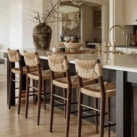 Chaise de bar haute en bois massif au design moderne JP avec dossier, siège en corde tressée pour hôtels B&B, chaise de bar haute tressée à la main