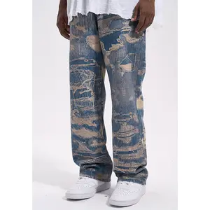 2024 Nieuwe High Street Destruction Style 3d Full Print Mannelijk Modemerk Wiet Dweil Jeans Olifant Broek