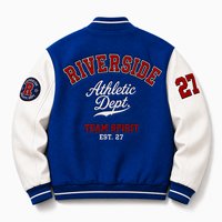 Veste de sport universitaire personnalisée pour hommes, fabrication OEM, étiquette privée, logo d'équipe brodé, patch bleu, veste de sport universitaire personnalisée