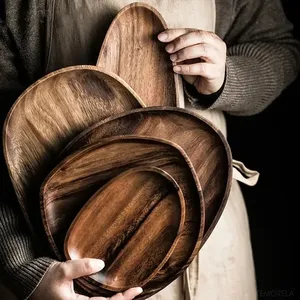 Plateau en bois naturel Plateau de service simple de luxe léger Assiettes en bois rétro Assiette à fruits Assiette à fruits Assiette à snacks Assiette alimentaire - Product Image 1