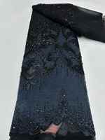 Tissu en velours lourd perlé avec motif floral vintage noir et perles de cristal, doublement renforcé, pour robe de soirée haute couture