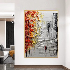 Peinture à l'huile abstraite peinte à la main, paysage urbain, cadre métallique 3D, murale rectangulaire pour décoration de salon ou d'entrée - Product Image 2