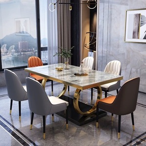 Tavoli da Pranzo Moderni di Design per Vendita all'Ingrosso, Piano Rettangolare <span class=keywords><strong>in</strong></span> Finto Marmo con Base Creativa ad Anelli Metallici Intrecciati. - Product Image 1